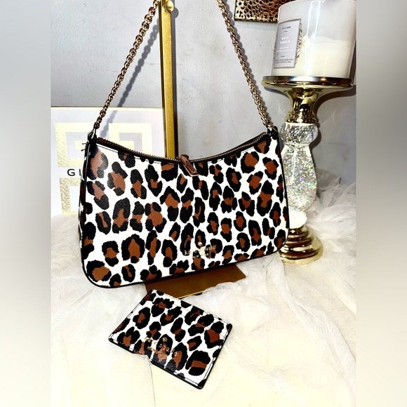 2FER NWOT Kate Spade Pochette Spotted Leopard Shoulder Bag with Gold Chain - Picture 3 of 8